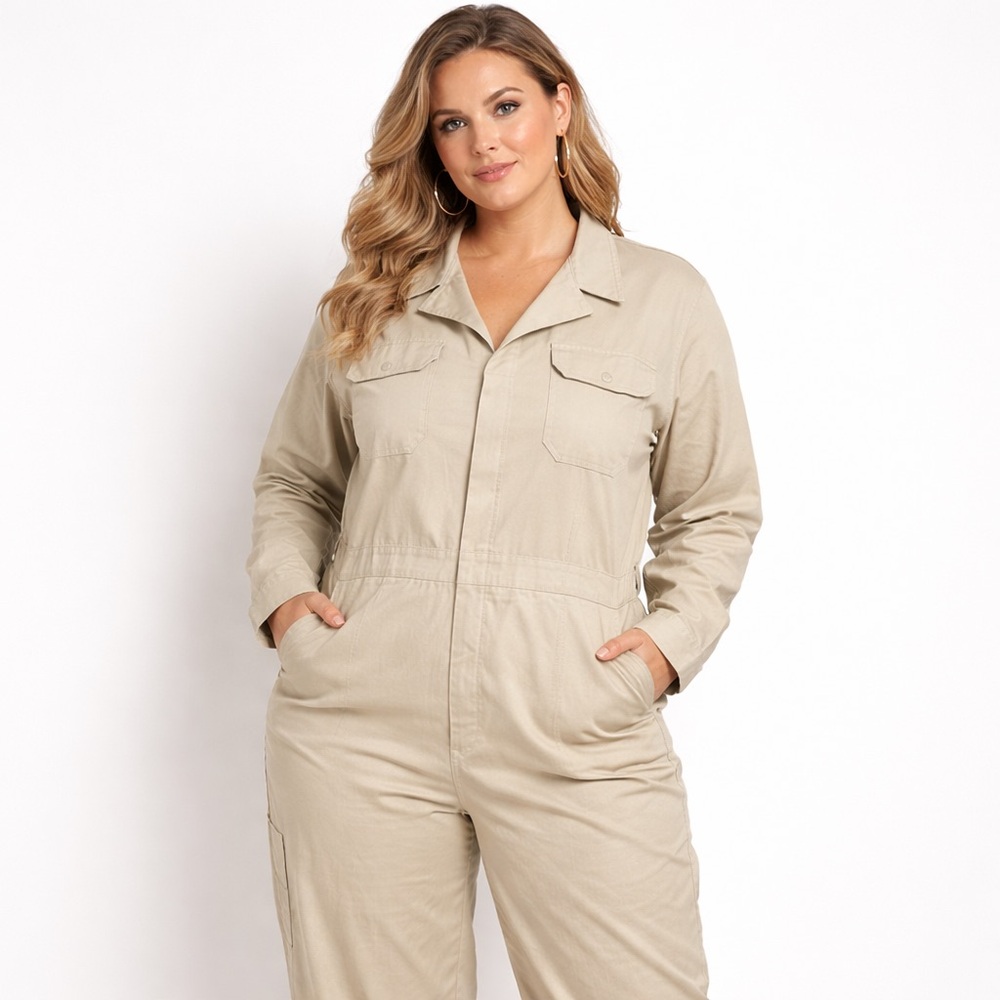 Rosevelvet Womens Coveralls Jumpsuit Sz 2X Beige Chino Carpenter Long Sleeve NWT